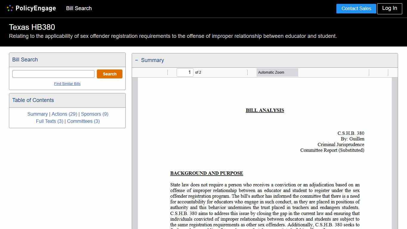 HB380 Texas 2025-2026 Relating to the applicability of sex offender registration requirements to the offense of improper relationship between educator and student. - Legislative Tracking PolicyEngage