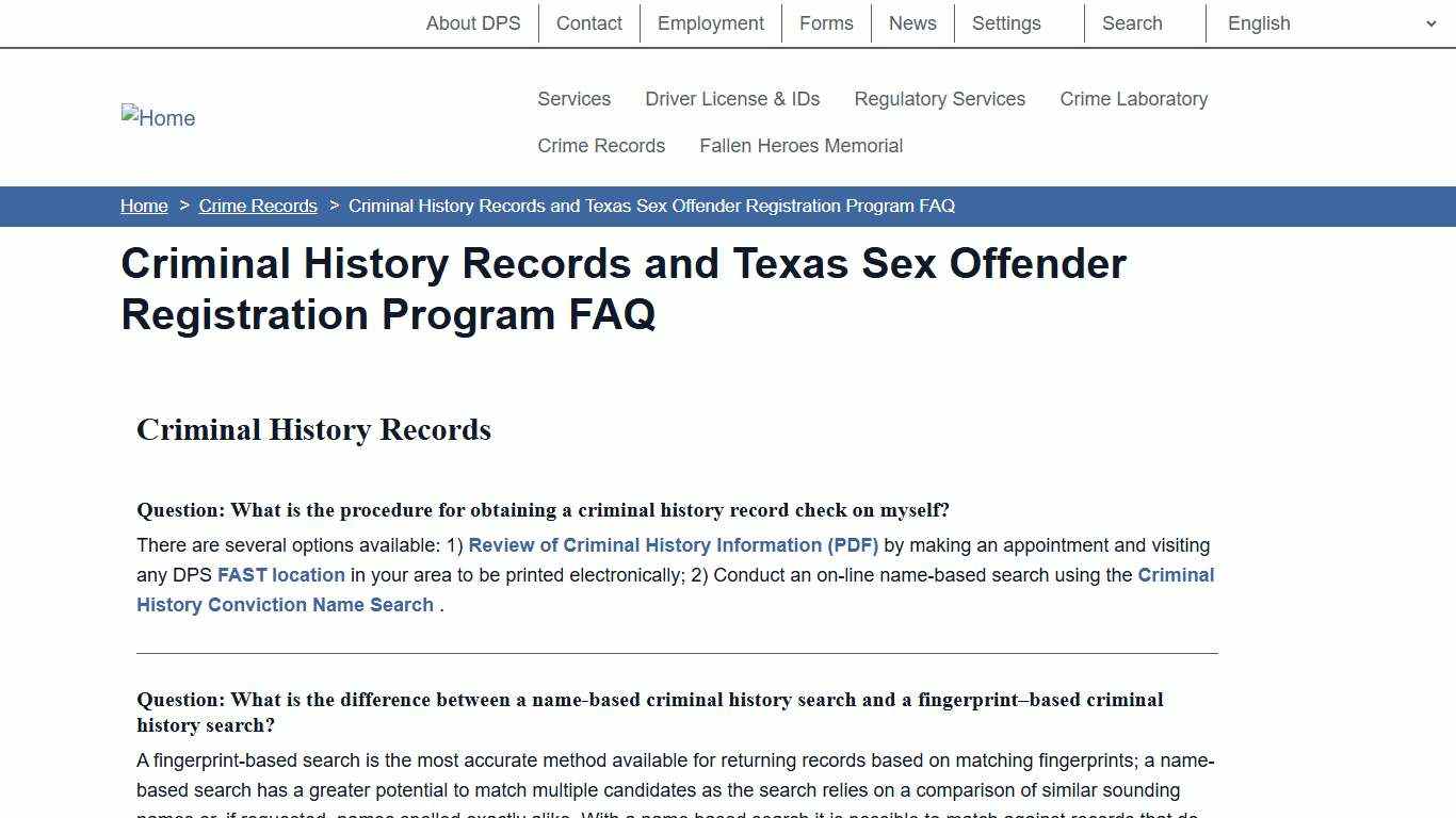 Criminal History Records and Texas Sex Offender Registration Program FAQ Department of Public Safety